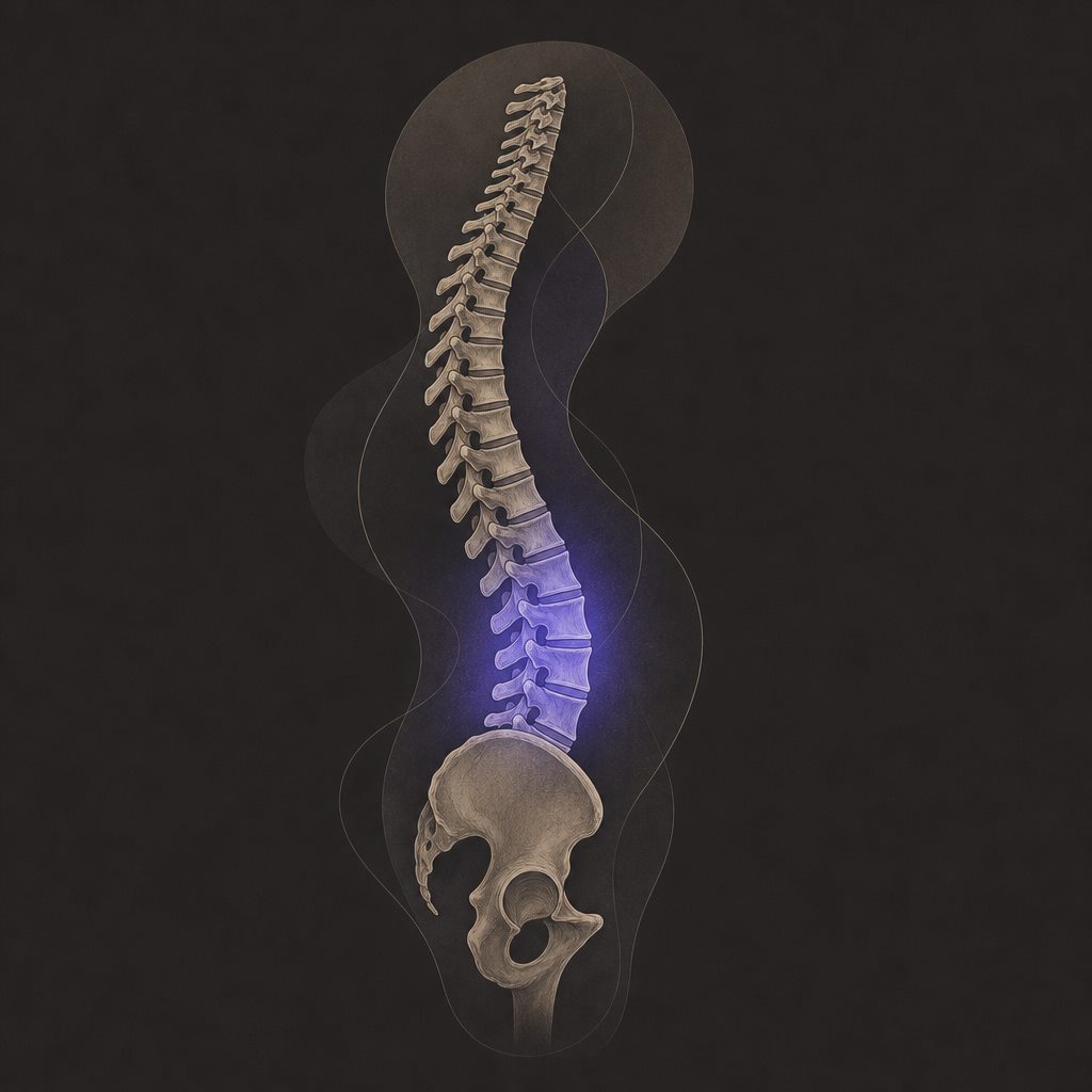 Illustration of a spine with the lumbar segment highlighted